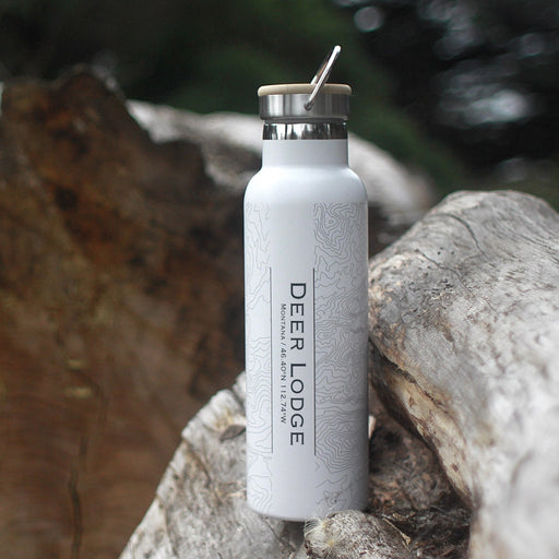 Deer Lodge Montana Custom Engraved City Map Inscription Coordinates on 20oz Stainless Steel Insulated Bottle with Bamboo Top in White