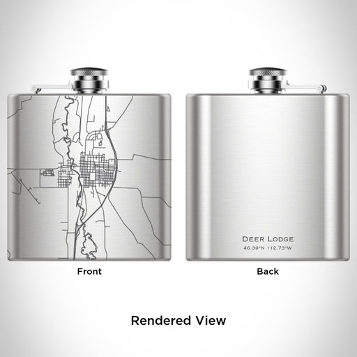 Rendered View of Deer Lodge Montana Map Engraving on 6oz Stainless Steel Flask