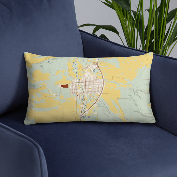 Custom Deer Lodge Montana Map Throw Pillow in Woodblock on Blue Colored Chair