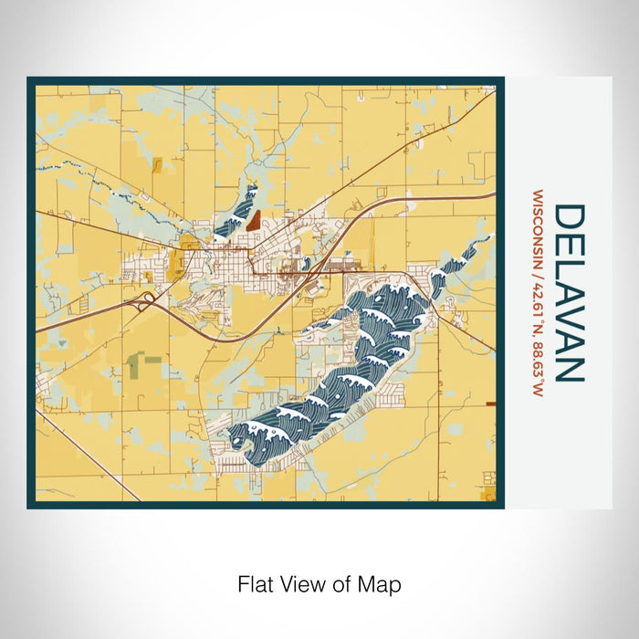 Rendered View of Delavan Wisconsin Map on 20oz Stainless Steel Insulated Bottle with Bamboo Top with printed woodblock style map