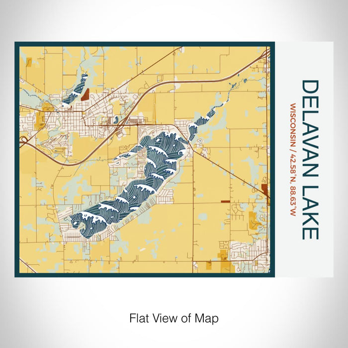 Rendered View of Delavan Lake Wisconsin Map on 20oz Stainless Steel Insulated Bottle with Bamboo Top with printed woodblock style map