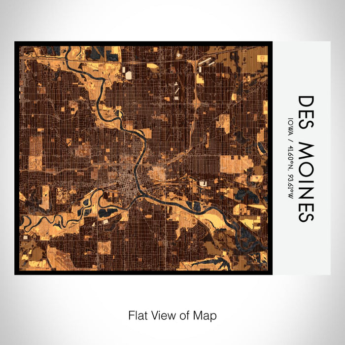 Rendered View of Des Moines Iowa Map on 20oz Stainless Steel Insulated Bottle with Bamboo Top with printed ember style map