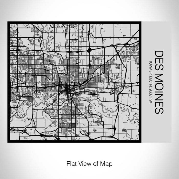 Rendered View of Des Moines Iowa Map on 20oz Stainless Steel Insulated Bottle with Bamboo Top with printed Tactile Lines Map in Black