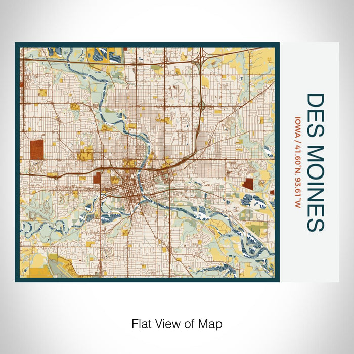 Rendered View of Des Moines Iowa Map on 20oz Stainless Steel Insulated Bottle with Bamboo Top with printed woodblock style map