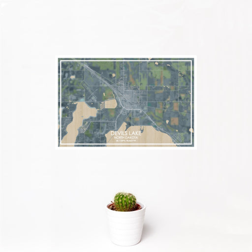 12x18 Devils Lake North Dakota Map Print Landscape Orientation in Afternoon Style With Small Cactus Plant in White Planter