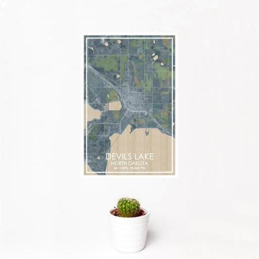 12x18 Devils Lake North Dakota Map Print Portrait Orientation in Afternoon Style With Small Cactus Plant in White Planter