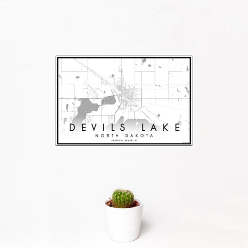 12x18 Devils Lake North Dakota Map Print Landscape Orientation in Classic Style With Small Cactus Plant in White Planter