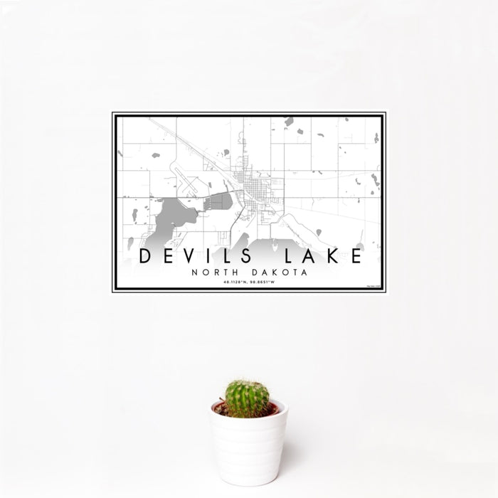 12x18 Devils Lake North Dakota Map Print Landscape Orientation in Classic Style With Small Cactus Plant in White Planter
