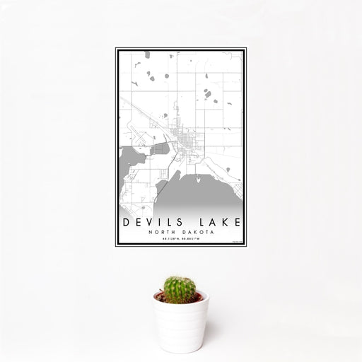 12x18 Devils Lake North Dakota Map Print Portrait Orientation in Classic Style With Small Cactus Plant in White Planter