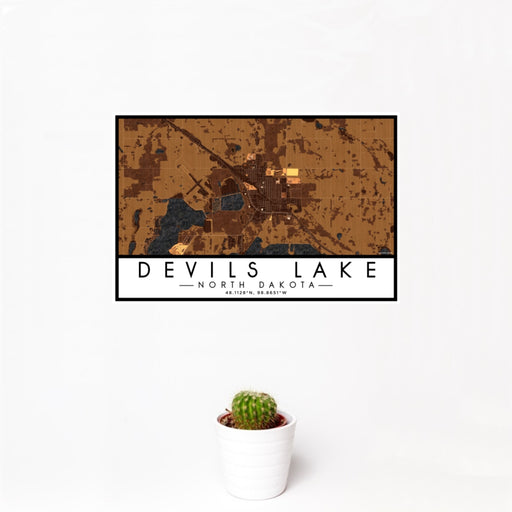 12x18 Devils Lake North Dakota Map Print Landscape Orientation in Ember Style With Small Cactus Plant in White Planter