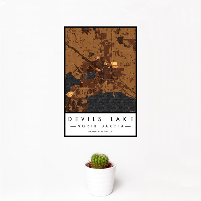 12x18 Devils Lake North Dakota Map Print Portrait Orientation in Ember Style With Small Cactus Plant in White Planter