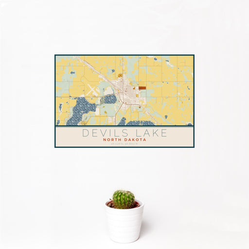 12x18 Devils Lake North Dakota Map Print Landscape Orientation in Woodblock Style With Small Cactus Plant in White Planter