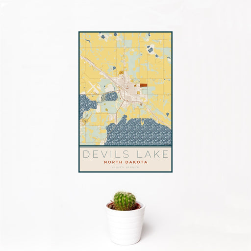 12x18 Devils Lake North Dakota Map Print Portrait Orientation in Woodblock Style With Small Cactus Plant in White Planter