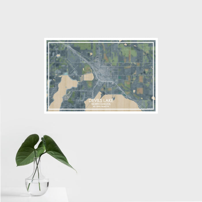 16x24 Devils Lake North Dakota Map Print Landscape Orientation in Afternoon Style With Tropical Plant Leaves in Water
