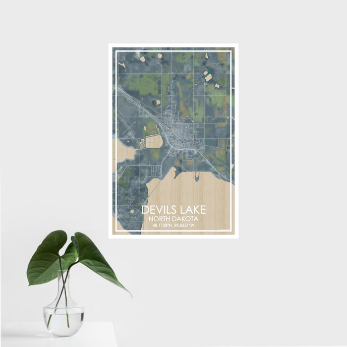 16x24 Devils Lake North Dakota Map Print Portrait Orientation in Afternoon Style With Tropical Plant Leaves in Water