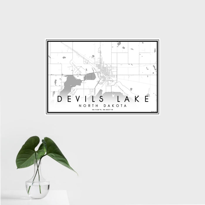 16x24 Devils Lake North Dakota Map Print Landscape Orientation in Classic Style With Tropical Plant Leaves in Water