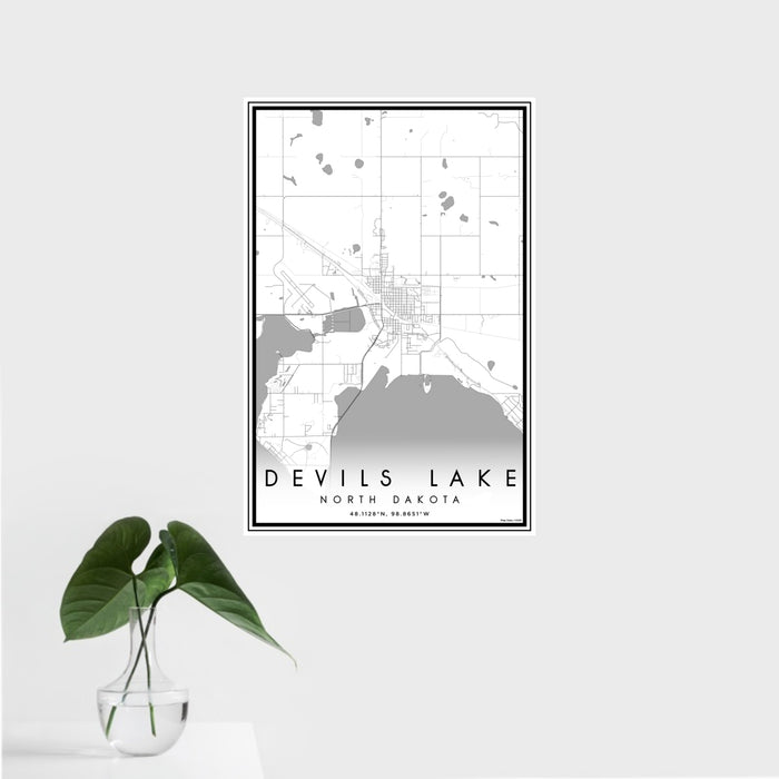 16x24 Devils Lake North Dakota Map Print Portrait Orientation in Classic Style With Tropical Plant Leaves in Water