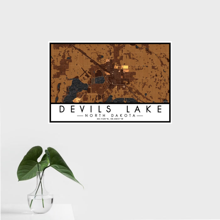 16x24 Devils Lake North Dakota Map Print Landscape Orientation in Ember Style With Tropical Plant Leaves in Water