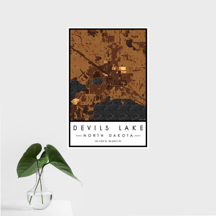 16x24 Devils Lake North Dakota Map Print Portrait Orientation in Ember Style With Tropical Plant Leaves in Water