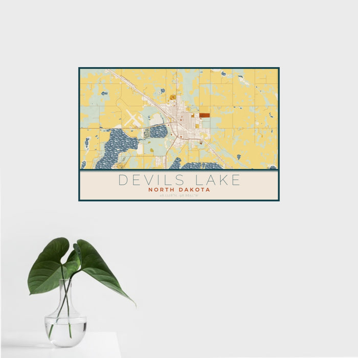 16x24 Devils Lake North Dakota Map Print Landscape Orientation in Woodblock Style With Tropical Plant Leaves in Water