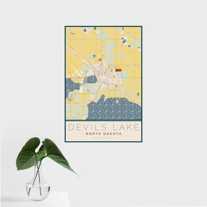 16x24 Devils Lake North Dakota Map Print Portrait Orientation in Woodblock Style With Tropical Plant Leaves in Water