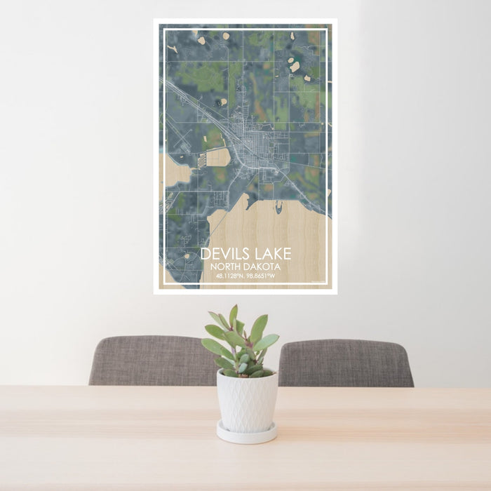 24x36 Devils Lake North Dakota Map Print Portrait Orientation in Afternoon Style Behind 2 Chairs Table and Potted Plant