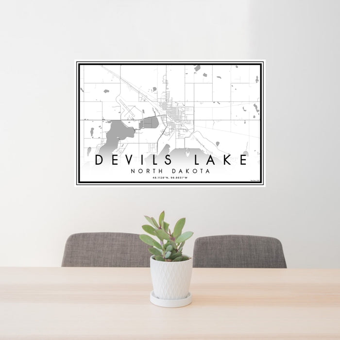 24x36 Devils Lake North Dakota Map Print Lanscape Orientation in Classic Style Behind 2 Chairs Table and Potted Plant