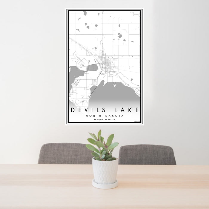 24x36 Devils Lake North Dakota Map Print Portrait Orientation in Classic Style Behind 2 Chairs Table and Potted Plant
