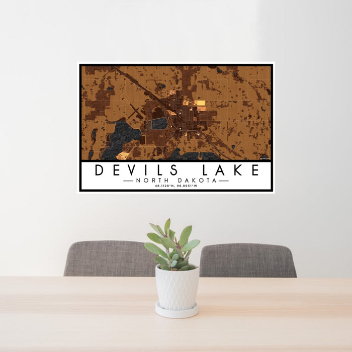 24x36 Devils Lake North Dakota Map Print Lanscape Orientation in Ember Style Behind 2 Chairs Table and Potted Plant