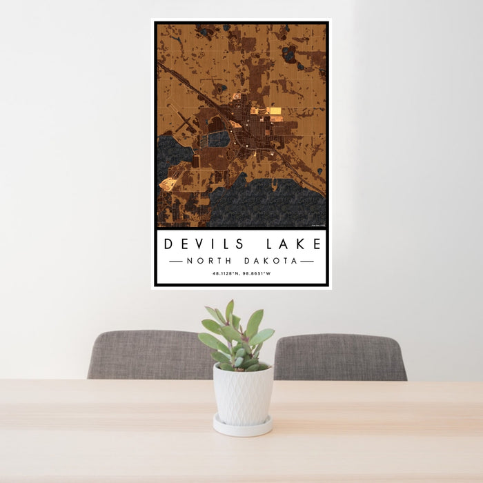 24x36 Devils Lake North Dakota Map Print Portrait Orientation in Ember Style Behind 2 Chairs Table and Potted Plant