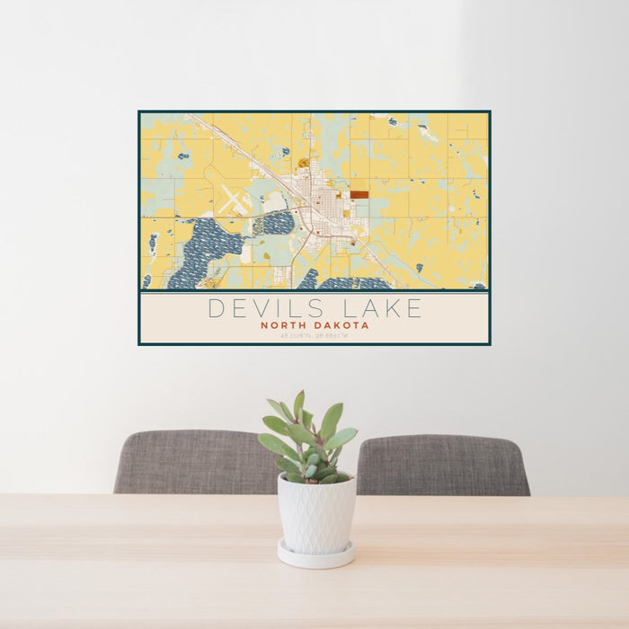 24x36 Devils Lake North Dakota Map Print Lanscape Orientation in Woodblock Style Behind 2 Chairs Table and Potted Plant