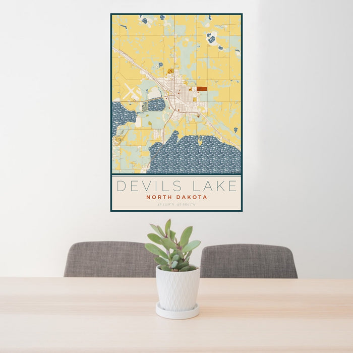 24x36 Devils Lake North Dakota Map Print Portrait Orientation in Woodblock Style Behind 2 Chairs Table and Potted Plant