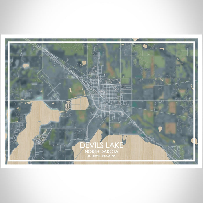 Devils Lake North Dakota Map Print Landscape Orientation in Afternoon Style With Shaded Background