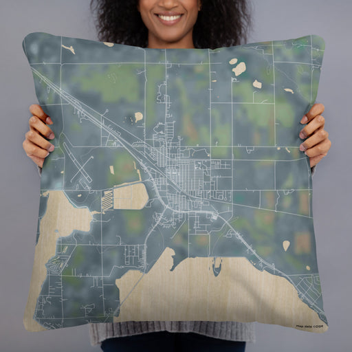Person holding 22x22 Custom Devils Lake North Dakota Map Throw Pillow in Afternoon