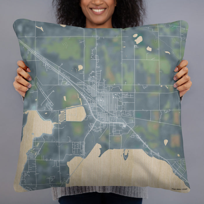 Person holding 22x22 Custom Devils Lake North Dakota Map Throw Pillow in Afternoon