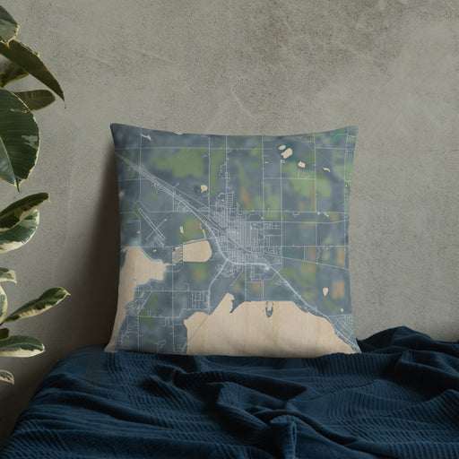 Custom Devils Lake North Dakota Map Throw Pillow in Afternoon on Bedding Against Wall