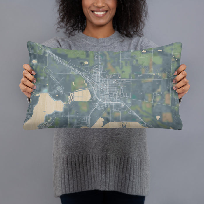 Person holding 20x12 Custom Devils Lake North Dakota Map Throw Pillow in Afternoon