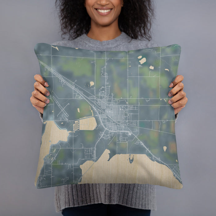 Person holding 18x18 Custom Devils Lake North Dakota Map Throw Pillow in Afternoon