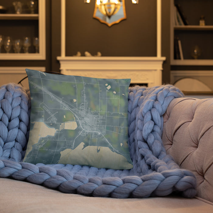 Custom Devils Lake North Dakota Map Throw Pillow in Afternoon on Cream Colored Couch