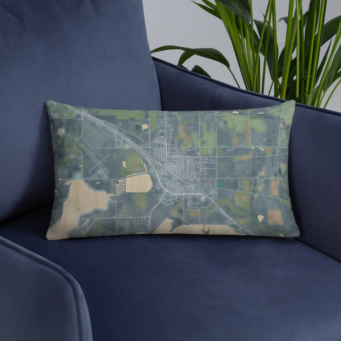 Custom Devils Lake North Dakota Map Throw Pillow in Afternoon on Blue Colored Chair