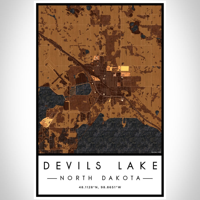 Devils Lake North Dakota Map Print Portrait Orientation in Ember Style With Shaded Background