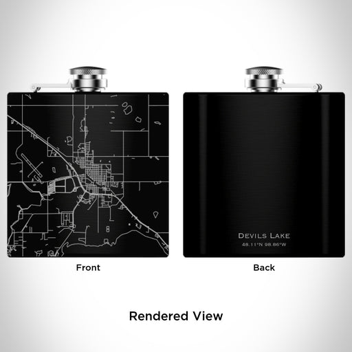 Rendered View of Devils Lake North Dakota Map Engraving on 6oz Stainless Steel Flask in Black