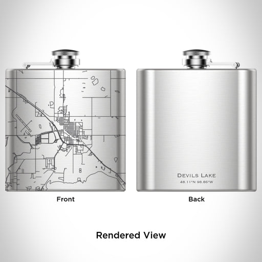 Rendered View of Devils Lake North Dakota Map Engraving on 6oz Stainless Steel Flask