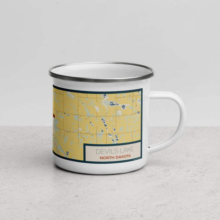 Right View Custom Devils Lake North Dakota Map Enamel Mug in Woodblock