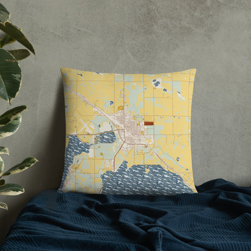 Custom Devils Lake North Dakota Map Throw Pillow in Woodblock on Bedding Against Wall