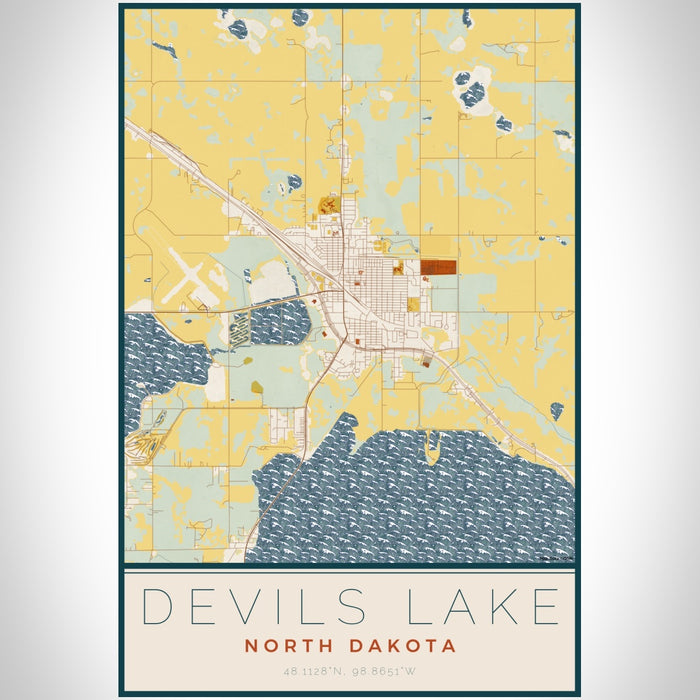 Devils Lake North Dakota Map Print Portrait Orientation in Woodblock Style With Shaded Background