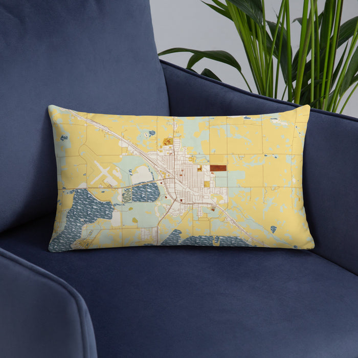 Custom Devils Lake North Dakota Map Throw Pillow in Woodblock on Blue Colored Chair