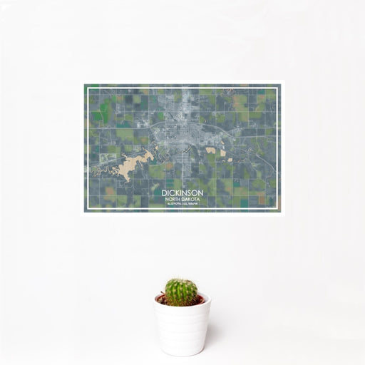 12x18 Dickinson North Dakota Map Print Landscape Orientation in Afternoon Style With Small Cactus Plant in White Planter