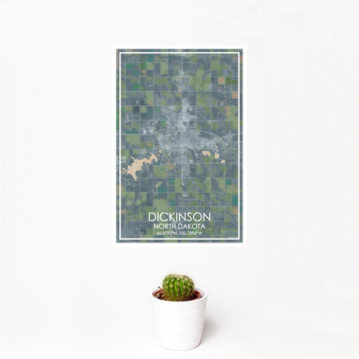 12x18 Dickinson North Dakota Map Print Portrait Orientation in Afternoon Style With Small Cactus Plant in White Planter