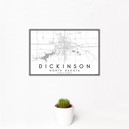 12x18 Dickinson North Dakota Map Print Landscape Orientation in Classic Style With Small Cactus Plant in White Planter